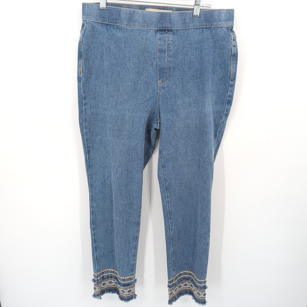 Soft Surroundings Jeggings Women Large Blue Embroidered Studded Frayed Boho